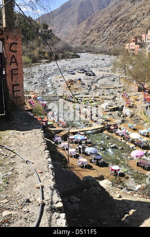 Looking down at cafes lining the riverside of the popular Setti Fatma near Cascades Ourika Setti Fatma , Ourika Valley ,Morocco