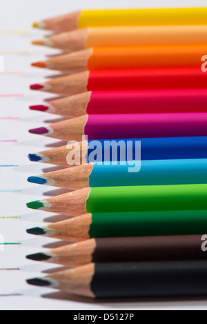 Close-up detail of sharp colourful pencil crayons laid side by side on white paper background by lines drawn in each colour - Yorkshire, England, UK. Stock Photo