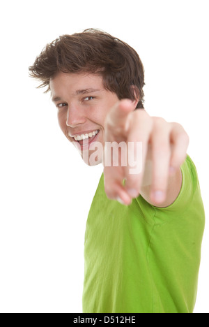 teen person or young man pointing forward towards camera Stock Photo