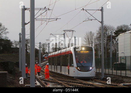 Edinburgh Trams at the Gogar tram depot. Stock Photo