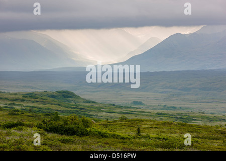 Panorama view south of Alaska Range including Mt. McKinley (Denali Mountain) from western end of Denali National Park, Alaska Stock Photo