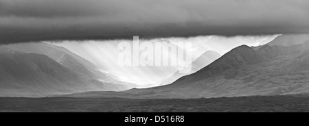 Panorama view south of Alaska Range including Mt. McKinley (Denali Mountain) from western end of Denali National Park, Alaska Stock Photo