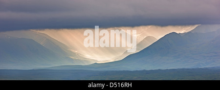 Panorama view south of Alaska Range including Mt. McKinley (Denali Mountain) from western end of Denali National Park, Alaska Stock Photo