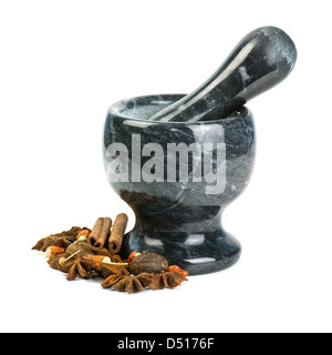 marble mortar with spices isolated Stock Photo