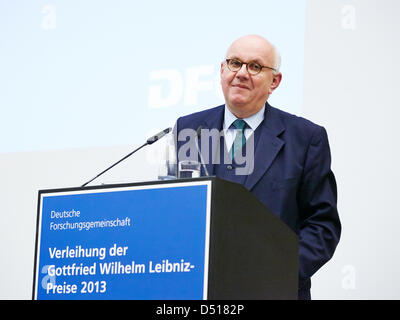 Prof. Dr. Peter Strohschneider, President of DFG, has presented the Gottfried Wilhelm Leibniz Prize 2013. / Berlin, 19 March 2013. The Gottfried Wilhelm Leibniz Prize, the most important research award in Germany, recognizes outstanding scientists. Johanna Wanka, Minister for Education and Research, gives a speech at the award ceremony 2013 in Berlin at the Berlin-Brandenburg Academy of Sciences and Humanities. / Stock Photo