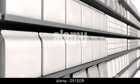 A unsaturated close up view of a few sections of supermarket shelving with generic products packed into them Stock Photo