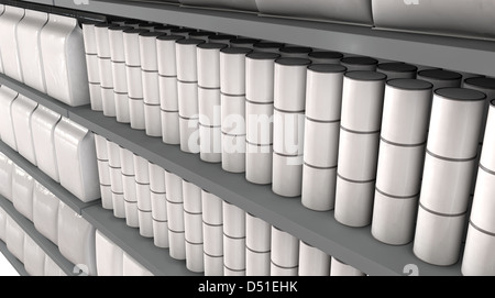 A unsaturated close up view of a few sections of supermarket shelving with generic products packed into them Stock Photo