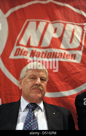 The party executive of German right-wing party NPD, Udo Voigt, attends the Federal Party meeting of the right-wing party DVU in Kirchheim, Germany, 12 December 2010. The DVU are conferring about a possible union with NPD during their party meeting. Photo: Martin Schutt Stock Photo