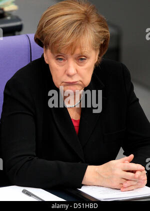 German Chancellor Angela Merkel attends discussions following her government statement concerning the European Council in Brussels at the German Bundestag in Berlin, Germany, 15 December 2010. Photo: Wolfgang Kumm