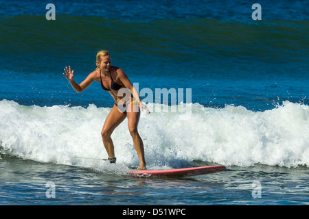 Young woman surfing longboard at Playa Guiones beach, Nosara, Nicoya Peninsula, Guanacaste Province, Costa Rica, Central America Stock Photo