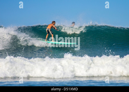 Surfer on longboard riding wave at popular Playa Guiones surf beach, Nosara, Nicoya Penninsula, Guanacaste Province, Costa Rica Stock Photo