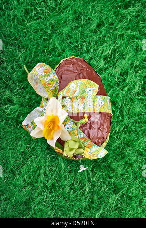 Chocolate Easter Egg with Bow on green grass Stock Photo