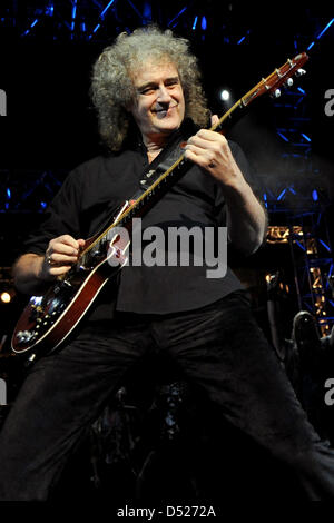 Former guitarist of 'Queen', Brian May performs during the premiere of the musical 'We Will Rock You' in Berlin, Germany, 21 October 2010. Photo: Britta Pedersen Stock Photo