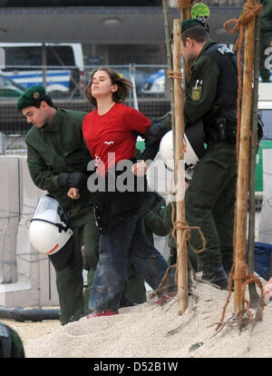 An opponent of the controversial railway construction project Stuttgart 21, that climbed over fences that protect the construction site in front of the central station, is arrested in Stuttgart, Germany, 30 October 2010. The protesters planted new trees to replace the ones that were felled at the beginning of October. Photo: Bernd Weissbrod Stock Photo