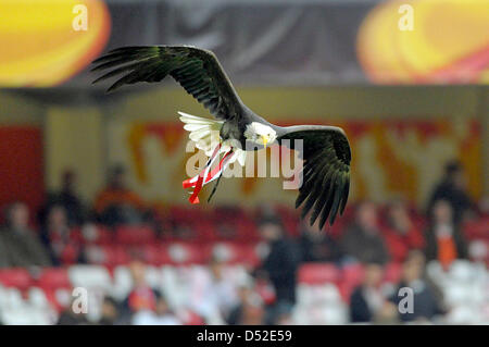 An eagle, Lisbon's mascot, flies into the stadium prior to the Europa League last 32 second leg match SL Benfica Lisbon vs Hertha BSC Berlin at Olympic Stadium in Lisbon, Portugal, 23 February 2010. Portuguese club Benfica defeated German side Berlin 4-0 and moves on the last 16 round. Photo: Soeren Stache Stock Photo