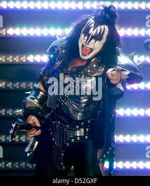 Gene Simmons of US rock legends Kiss performs during the live broadcast of German TV show 'Bet, that..?' in Erfurt, Germany, 27 February 2010. Photo: Michael Reichel Stock Photo