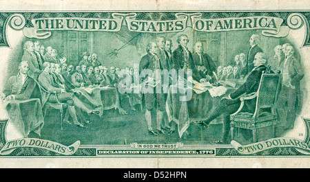 Declaration of independence, 1776 on the back of a two dollar bill ...