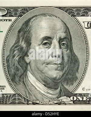 Portrait of Benjamin Franklin macro from one hundred dollars bill Stock Photo