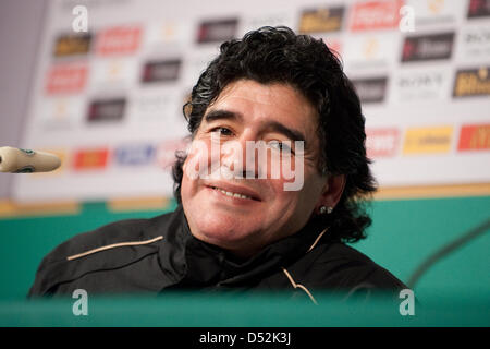 Argentina's head coach Diego Armando Maradona smiles during a press conference after soccer test match Germany vs Argentina at AllianzArena stadium in Munich, Germany, 03 March 2010. Argentina won the match 1-0. Photo: Andreas Gebert Stock Photo