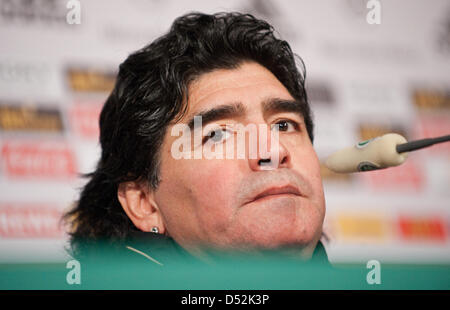 Argentina's head coach Diego Armando Maradona smiles during a press conference after soccer test match Germany vs Argentina at AllianzArena stadium in Munich, Germany, 03 March 2010. Argentina won the match 1-0. Photo: Andreas Gebert Stock Photo