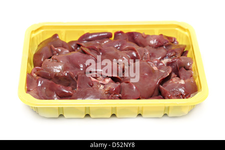 Raw liver in the plastic plate isolated on white Stock Photo
