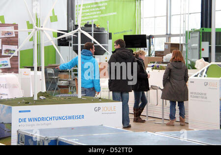 Booths are installed for the New Energy 2013 fair in Husum, Germany, 20 March 2013. More than 300 exhibitors from 14 countries present their products and concepts from all areas of renewable energy and energy efficiency at the fair which is open until 24 March. Photo: Wolfgang Runge Stock Photo