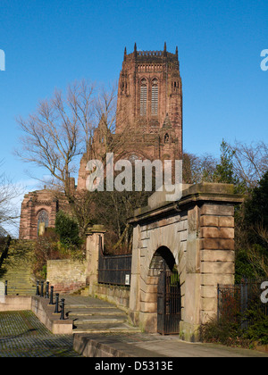 Anglican cathedral with entrance to St James Gardens in Liverpool UK Stock Photo