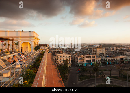 Cuba, Havana, Havana Vieja, Hotel Saratoga, rooftop city view, dusk Stock Photo