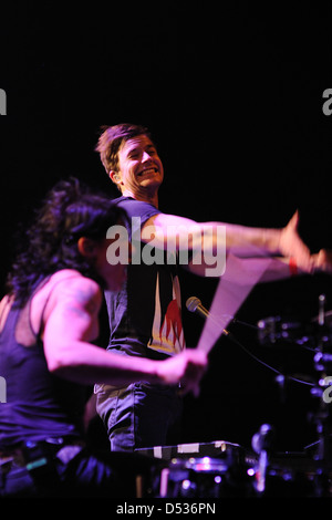 Kim Schifino, left, and Matt Johnson of the band Matt and Kim perform
