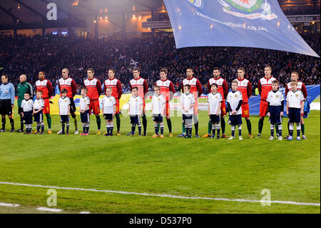 Glasgow, Scotland, UK. 22nd March 2013. The Wales team line up during the World Cup 2014 Group A Qualifing game between Scotland and Wales at Hampden Park Stadium. Credit: Colin Lunn / Alamy Live News Stock Photo