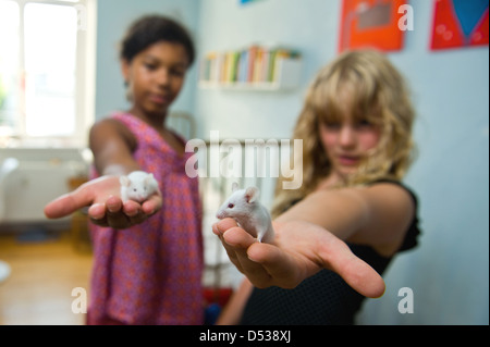 Berlin, Germany, two girls with two white mice Stock Photo