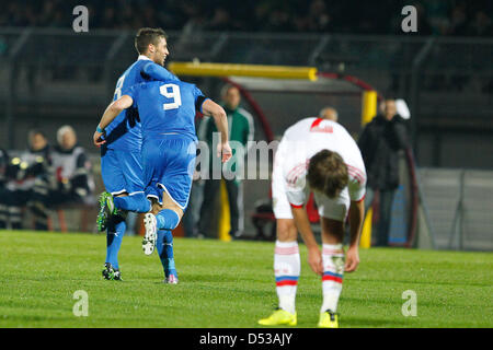 22.03.2013 Cittadella, Italy.  Italy celebrate the goal from Ciro Immobile during the Under 21 International Friendly between Italy and Russia. Stock Photo