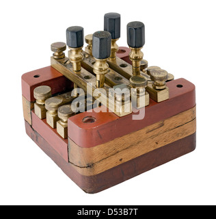 Old switch electrical circuits, with wooden stand. isolated on white Stock Photo