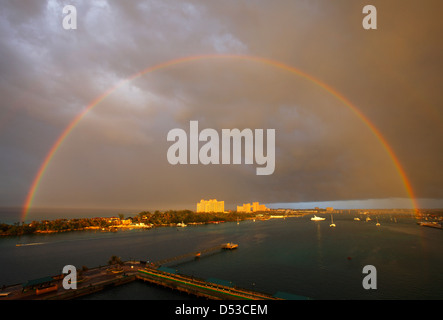 Rainbow over Atlantis resort In Nassau, Bahamas Stock Photo