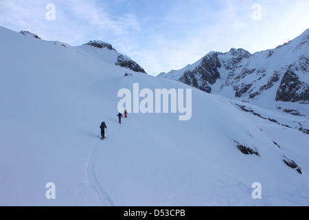 Dawn, ski touring Domes de Miage, France Stock Photo