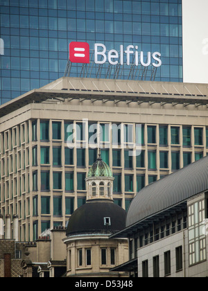 Large Belfius bank sign on top of a building in Brussels, Belgium. Stock Photo