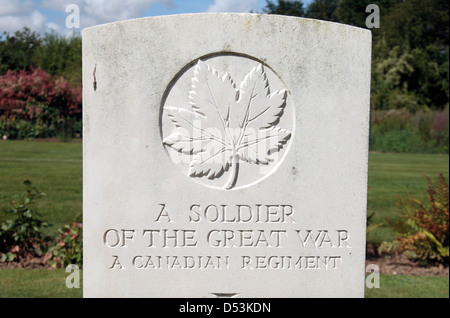 Close up of a Canadian Unknown soldier grave in the Anglo-French cemetery beside the Thiepval Memorial, Thiepval, France. Stock Photo