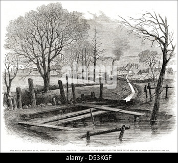 Explosion at St Edmund's Main Colliery Barnsley & the trench cut from the Dearne and Dove Canal to flood the pit circa 1862. Stock Photo