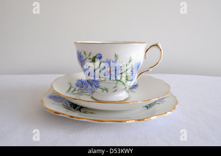 English floral gilded china tea cup trio Stock Photo