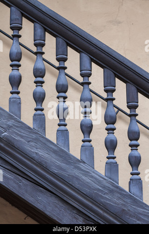 Wooden Railing of an antique staircase (close up view) Stock Photo