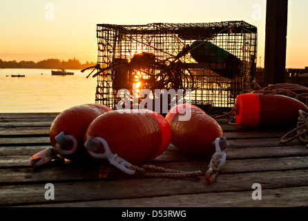 Lobster buoys and a trap sit on a dock at sunrise in Beals Island, Maine. Stock Photo