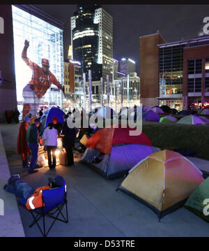 March 23, 2013 - Cincinnati, Ohio, U.S - Cincinnati Reds baseball fans camp out in front of Great American Ball Park early Saturday morning for a chance to buy some of the 1,500 opening day tickets that will go on sale later in the day. The Reds open up the 2013 baseball season playing the Los Angeles Angels on April 1, 2013. (Credit Image: © Ernest Coleman/ZUMAPRESS.com) Stock Photo