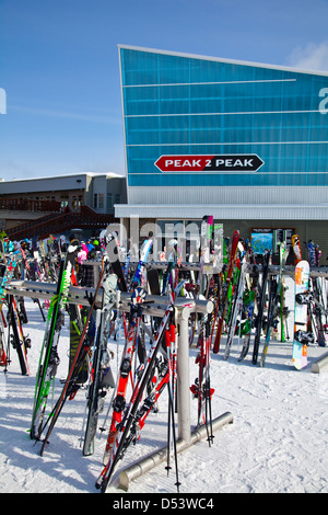 Ski racks by the Peak2Peak gondola between Blackcomb and Whistler mountains Stock Photo