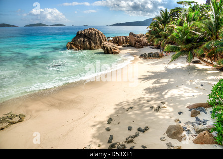 Anse Patates beach, Anse Gaulettes beach, La Digue island, Seychelles Stock Photo