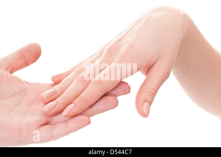 supports the man's hand a gentle woman's hand Stock Photo