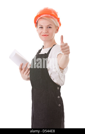 cheerful woman in work clothes on a white background Stock Photo