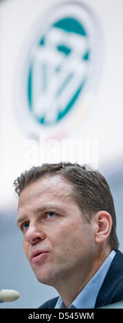 Herzogenaurach, Germany. 24th March, 2013. Team manager Oliver Bierhoff of Germany attends the press conference prior to the FIFA World Cup 2014 qualification group C soccer match between Germany and Kazakhstan in Herzogenaurach, Germany, 24 March 2013. The match is played on 26 March 2013 in Nuremberg. Foto: DANIEL KARMANN/dpa/Alamy Live News Stock Photo