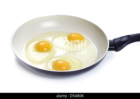 Three eggs in a frying pan, white background Stock Photo