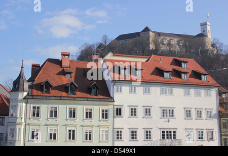 Urban buildings and the castle in the background, Ljubljana, Slovenia Stock Photo