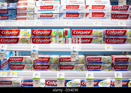 Colgate toothpaste on display at a Walgreens Flagship store. Stock Photo